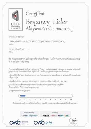 Certyfikat BRĄZOWEGO Lidera Aktywności Gospodarczej za luty 2024! 